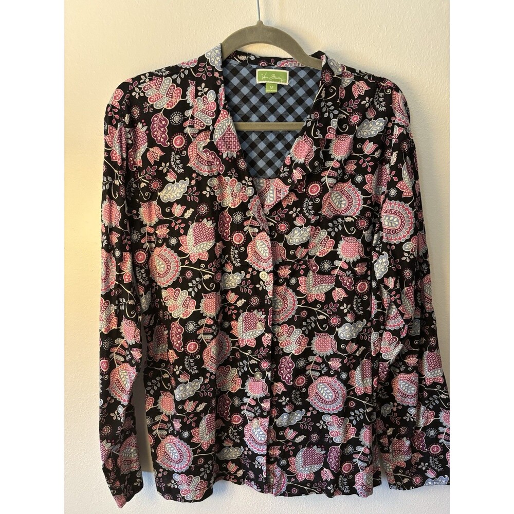 Vera Bradley women’s cotton woven button-up blouse M black pink floral collared